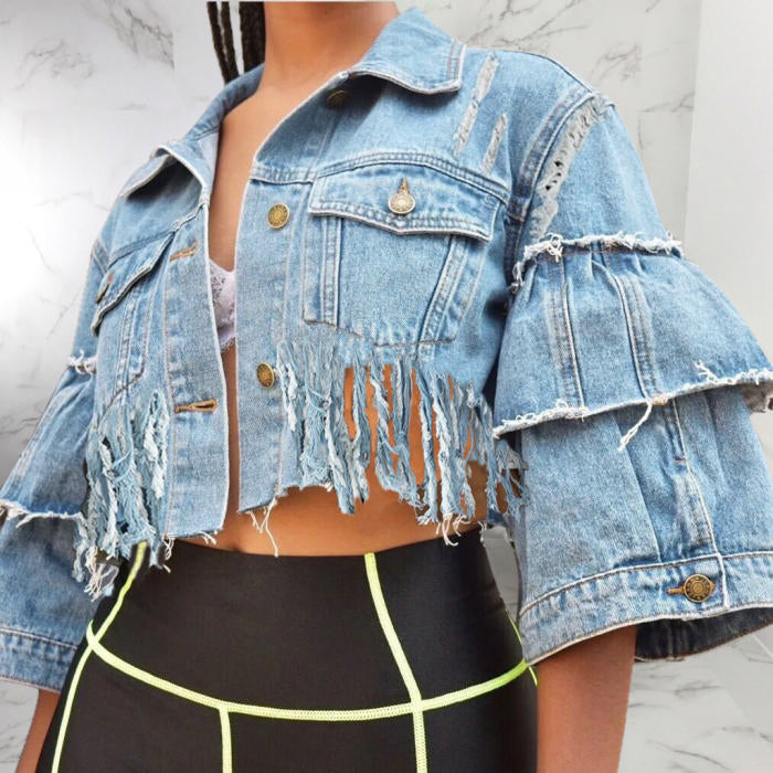 Distressed Peplum Sleeve Denim Jacket