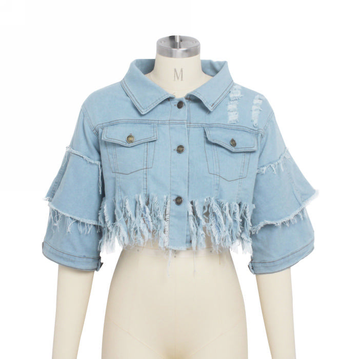 Distressed Peplum Sleeve Denim Jacket