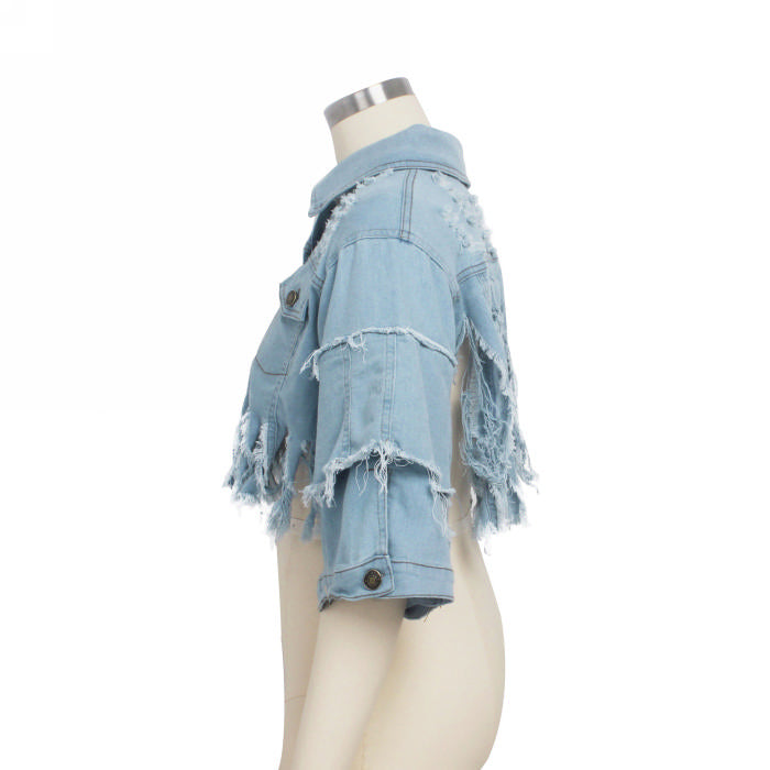 Distressed Peplum Sleeve Denim Jacket