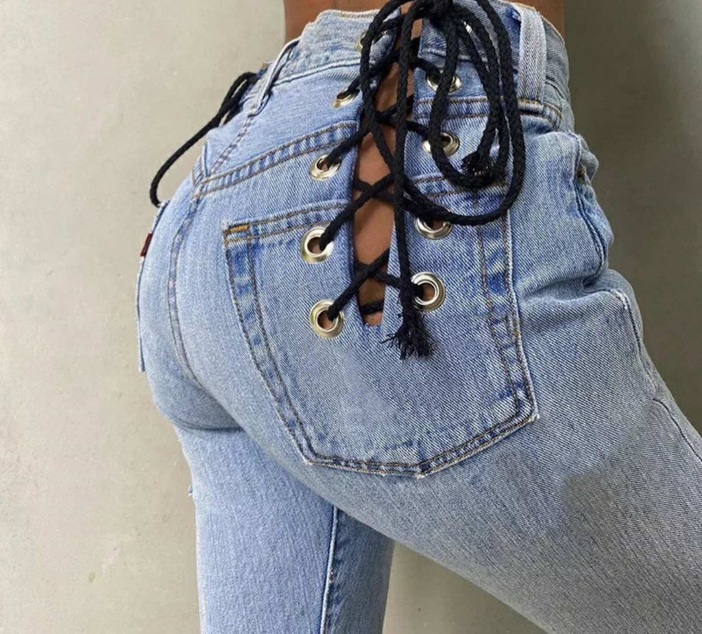 Waist Lace Up Jeans In The Back Duo Lace Up Rear Jeans – Outfit Made