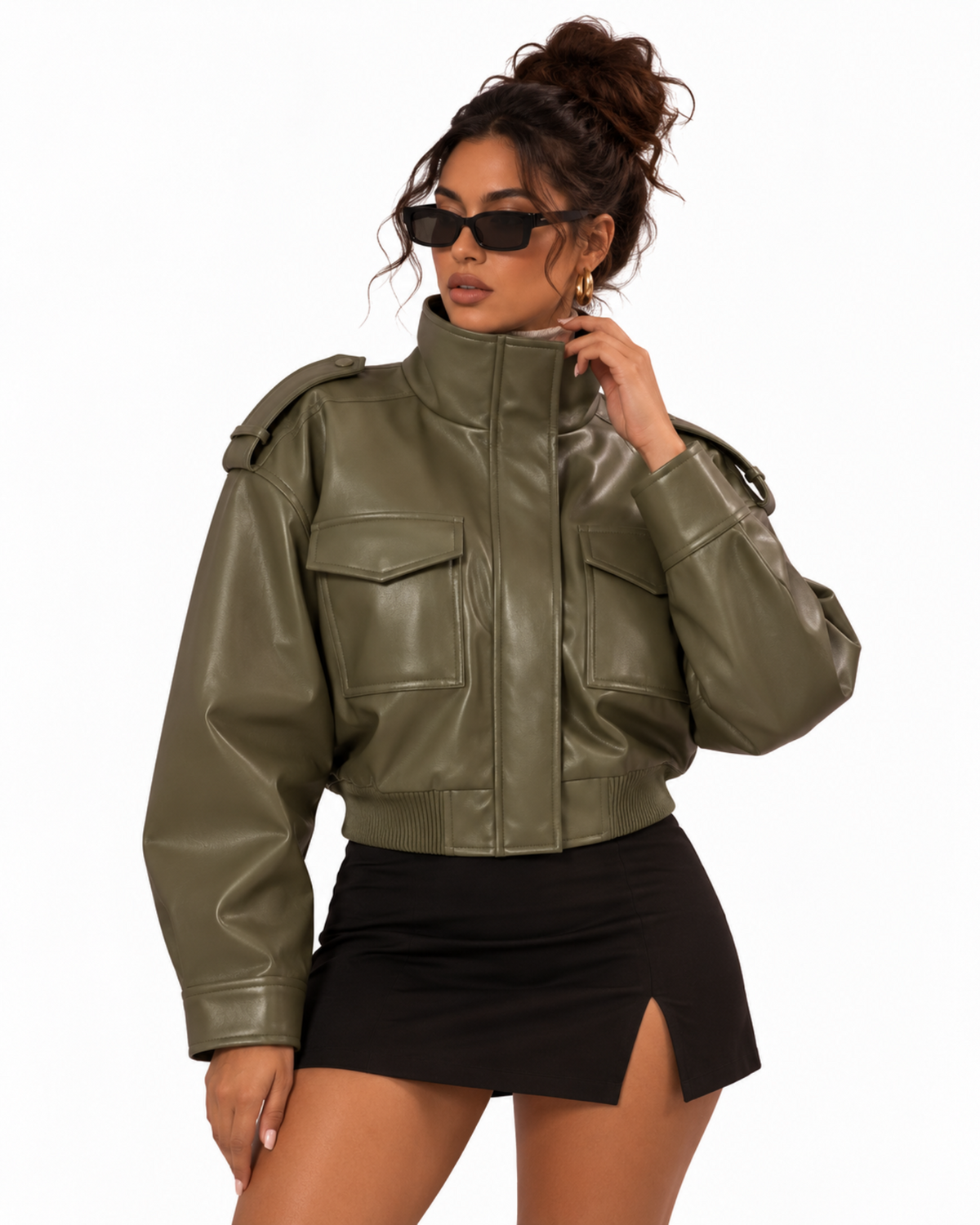 Pocket Faux Leather Bomber Jacket