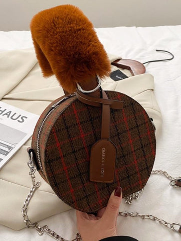 Tartan Fur Handle Handbag