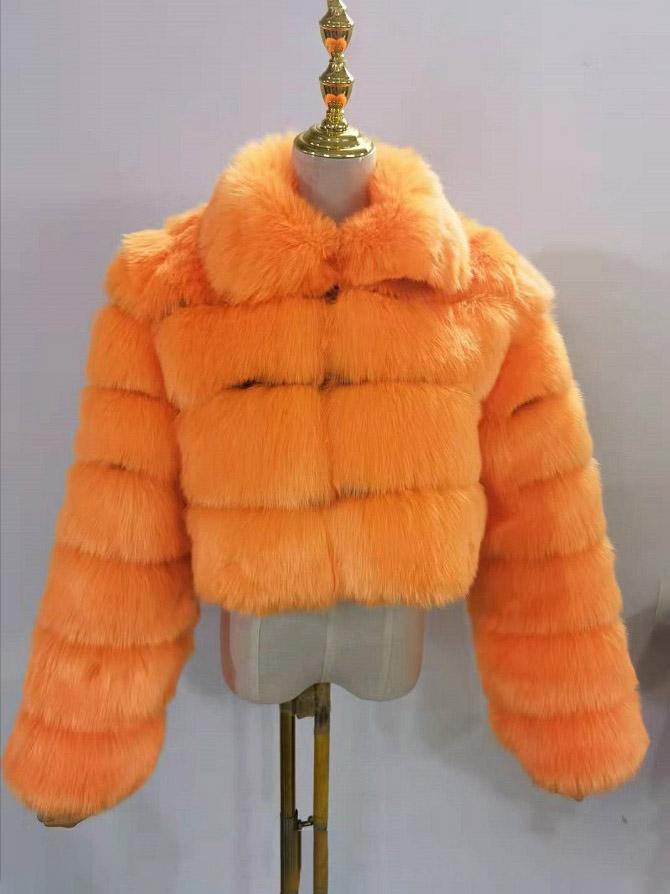 Exaggerated Long Sleeve Spread Collar Bubble Cropped Faux Fur Coat