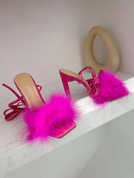 Fur Heels Women Square Heels Sandals C | Fur heels outfit, Heels, Pink fur  heels