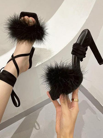 Liyke New Fashion Slip-On Back Strap Sandals Female Black Furry Fur Summer  High-Heels Party